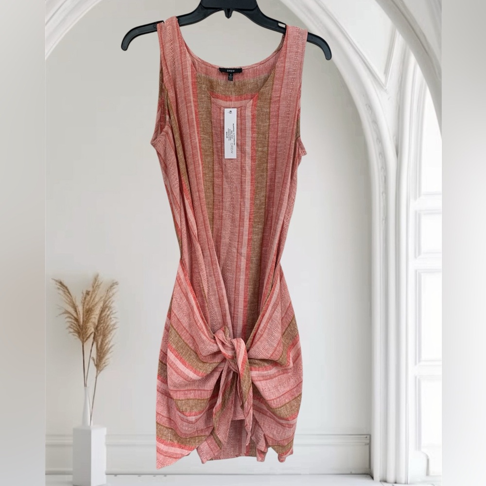 NWT DREW Morgan Tie Wrap Linen Blend Pink and Brown Striped Dress S